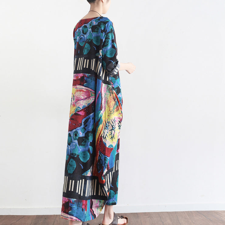 Tropical element floral baggy linen dresses oversize caftans gown casual style