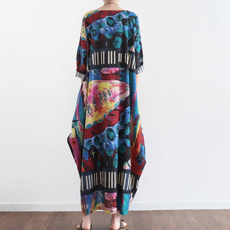 Tropical element floral baggy linen dresses oversize caftans gown casual style