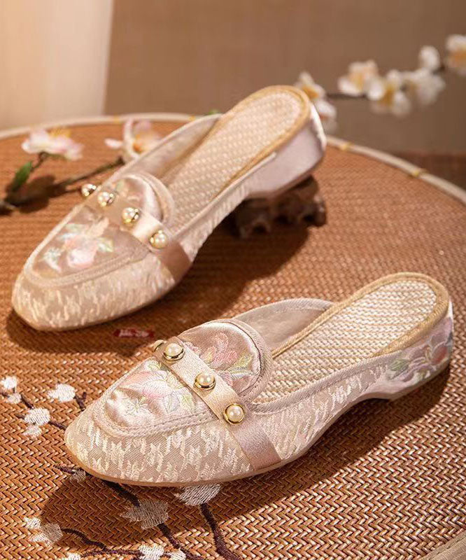 Tulle Embroidered Nail Bead Splicing Pink Elegant Slide Sandals