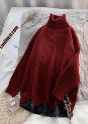 Turtleneck sweater women loose burgundy net red inner padded top - SooLinen