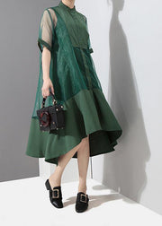 Two Pieces Women Summer Solid Green Midi Transparent Mesh Dress Set - SooLinen