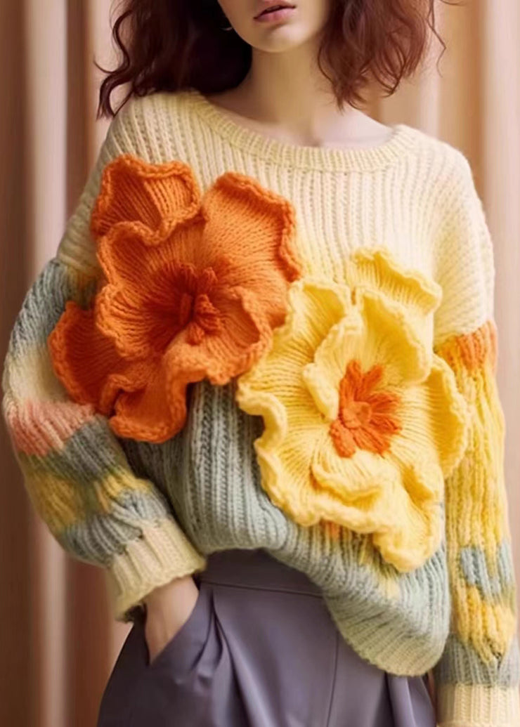 Unique Apricot Floral  Cozy Cotton Knit Sweaters Long Sleeve