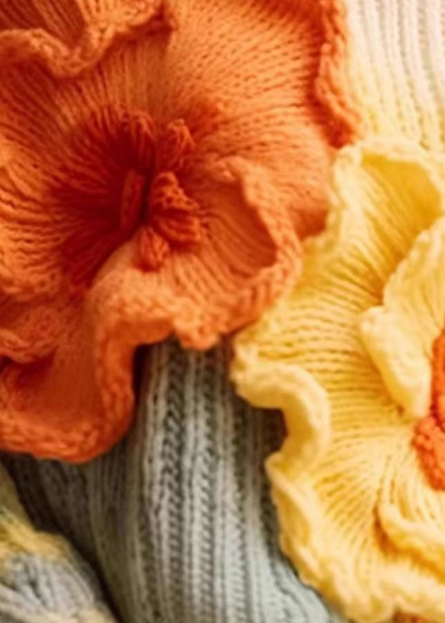 Unique Apricot Floral  Cozy Cotton Knit Sweaters Long Sleeve
