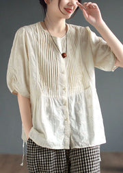 Unique Apricot Hollow Out Embroidered Wrinkled Patchwork Cotton Top Summer