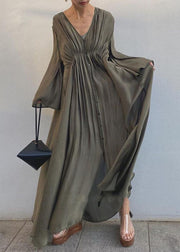 Unique Army Green Cinched Patchwork Cotton Long Dresses Flare Sleeve