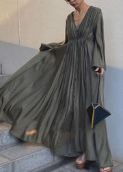 Unique Army Green Cinched Patchwork Cotton Long Dresses Flare Sleeve