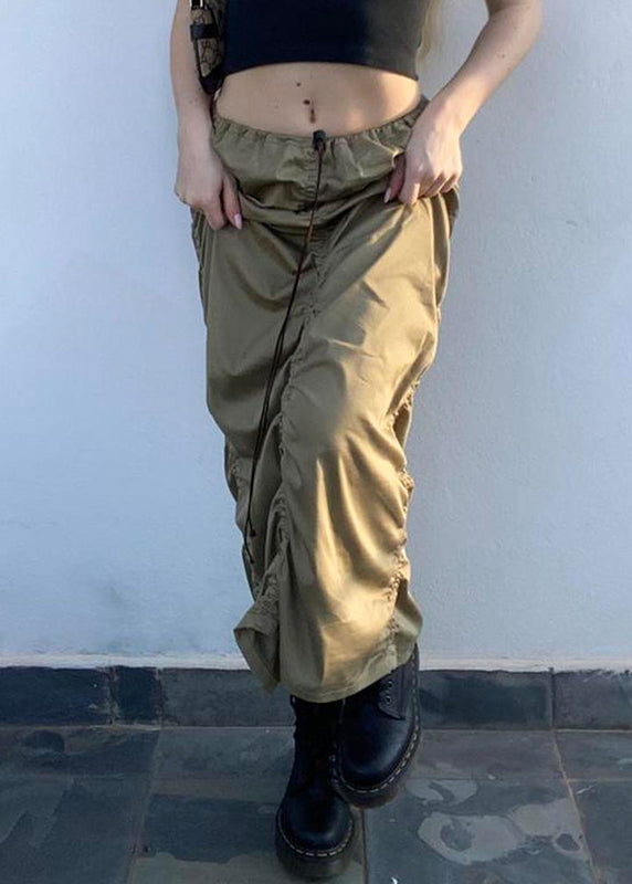 Unique Army Green Drawstring Wrinkled Patchwork Cotton Maxi Skirts Fall