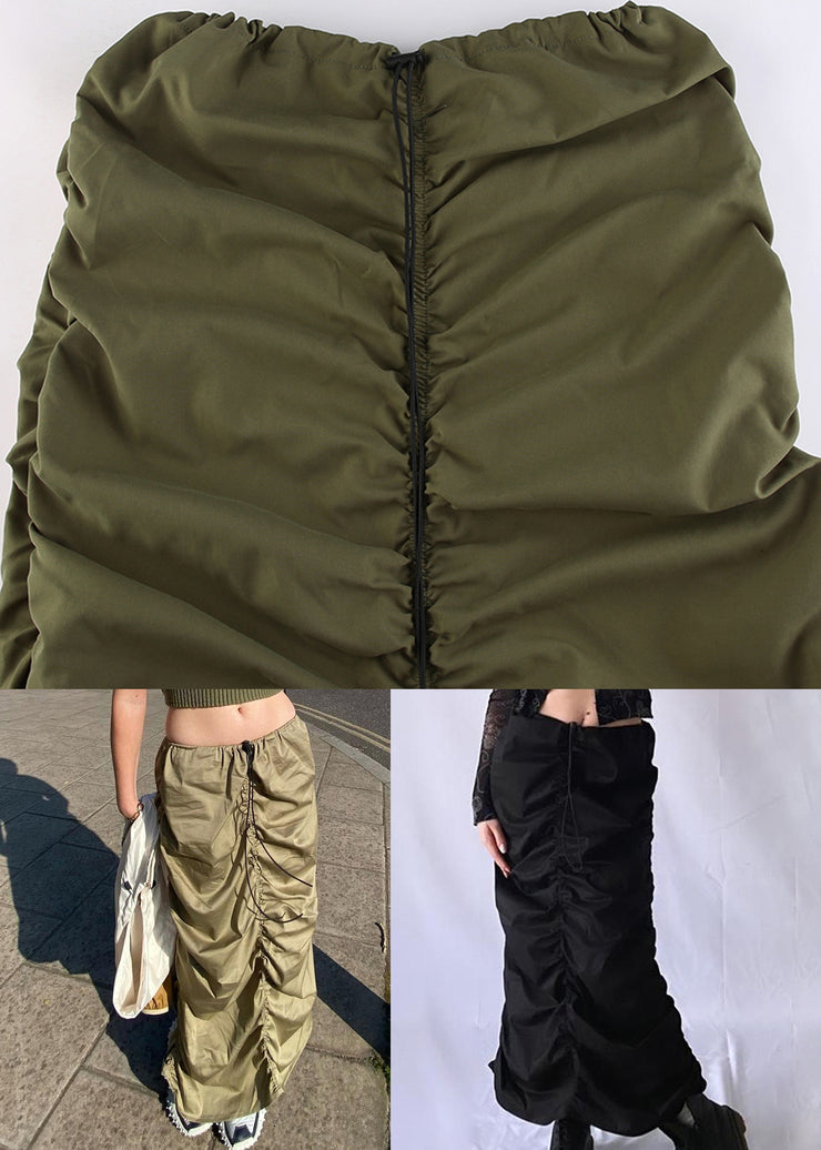 Unique Army Green Drawstring Wrinkled Patchwork Cotton Maxi Skirts Fall