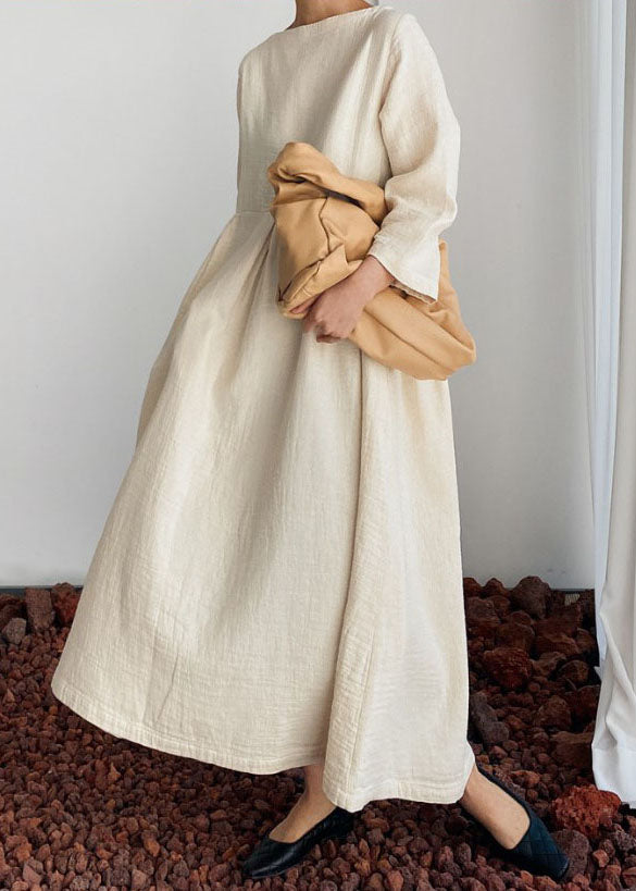Unique Beige O Neck Wrinkled Patchwork Long Cotton Dresses Spring
