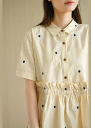 Unique Beige Yellow PeterPan Collar Button Embroideried Summer Cotton Vacation Dresses - SooLinen