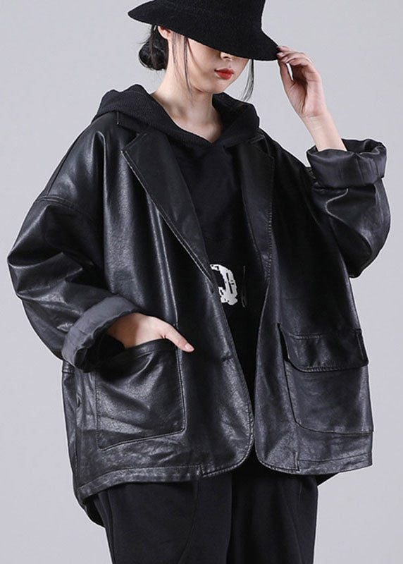 Unique Black  Notched Pockets Button Fall Long PU Sleeve Coat