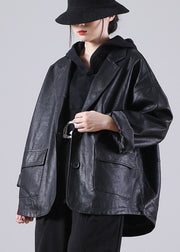 Unique Black  Notched Pockets Button Fall Long PU Sleeve Coat