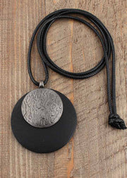 Unique Black Alloy Faux Leather Circular Pendant Necklace