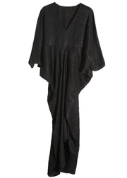 Unique Black Asymmetric V Neck Silk Party Dresses - SooLinen