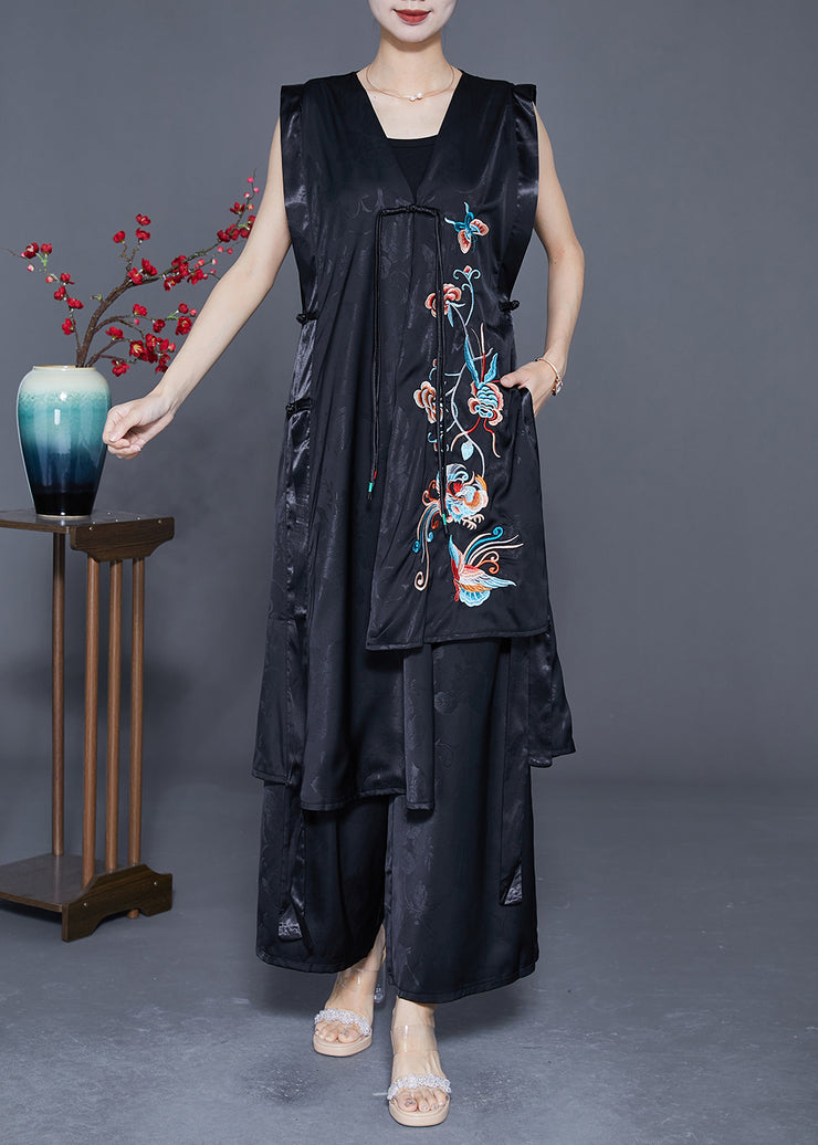 Unique Black Asymmetrical Design Embroidered Silk Two Pieces Set Summer