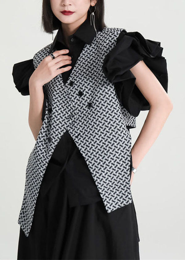 Unique Black Asymmetrical Design Plaid Spandex Vest Top Sleeveless
