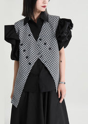Unique Black Asymmetrical Design Plaid Spandex Vest Top Sleeveless