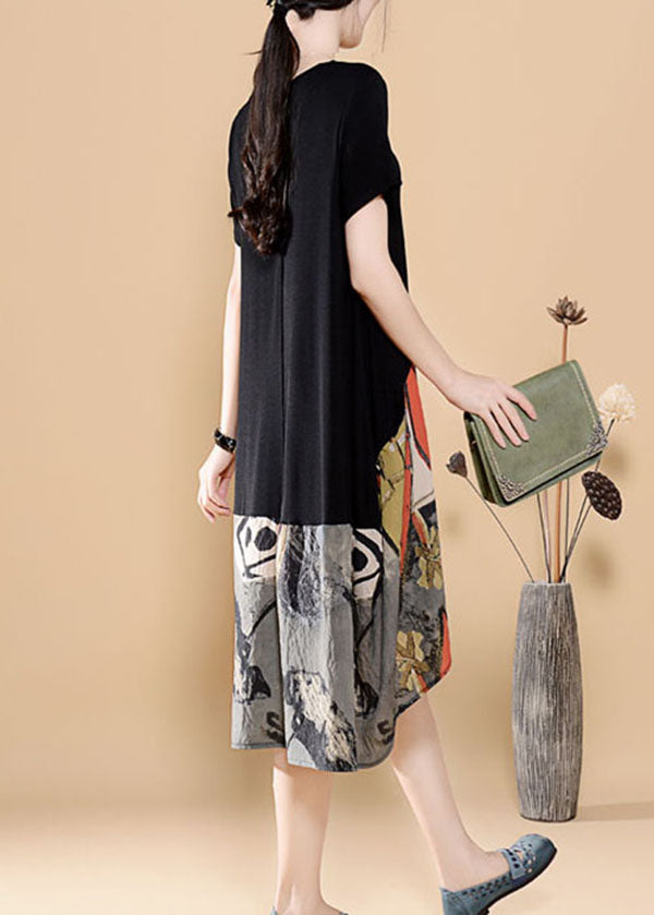 Unique Black Asymmetrical Design Print Patchwork Cotton Dress Summer