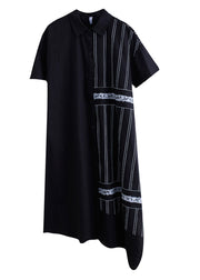 Unique Black Asymmetrical Patchwork Striped Cotton Shirt Dresses Summer