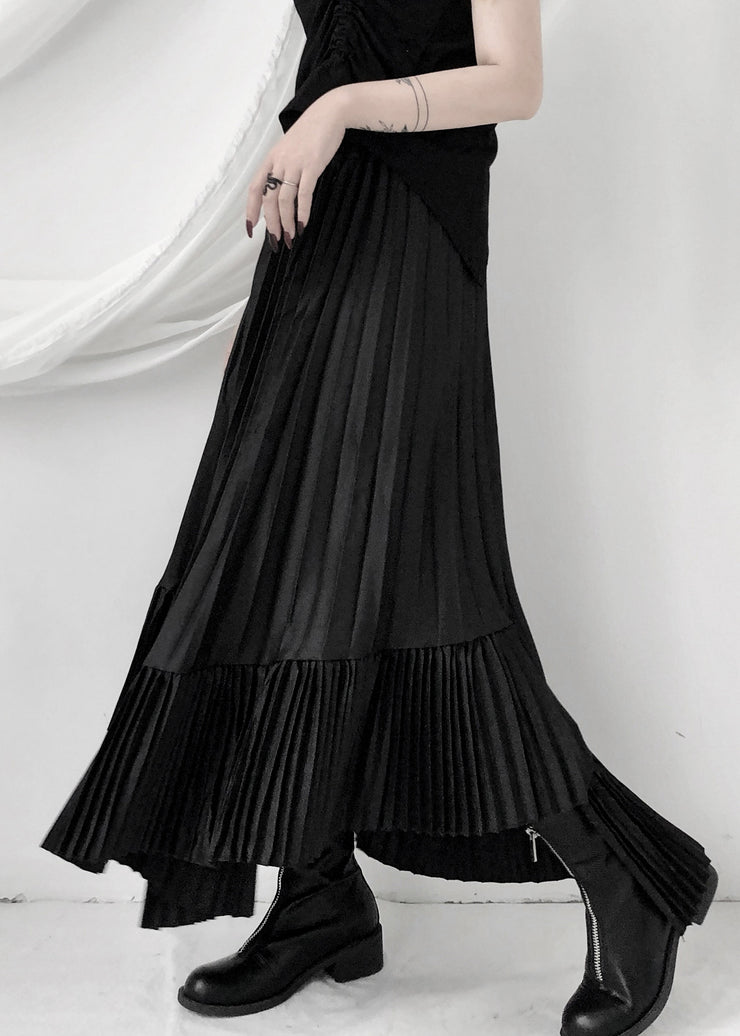 Unique Black Asymmetrical Silk Pleated Skirt Summer
