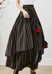 Unique Black Asymmetrical Striped Cotton Skirt Fall