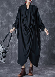 Unique Black Asymmetrical Wrinkled Cotton Gown Dress Fall