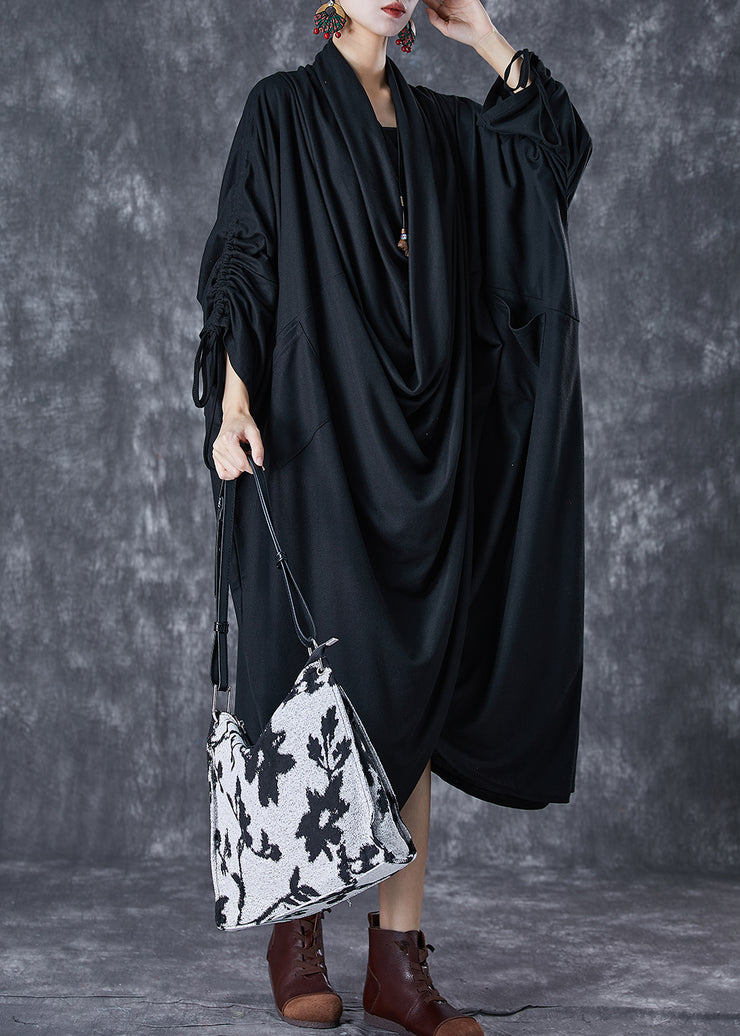 Unique Black Asymmetrical Wrinkled Cotton Gown Dress Fall
