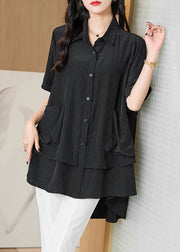 Unique Black Button Low High Design Patchwork Cotton Shirt Fall