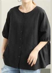 Unique Black Cinched Linen Summer Shirts - SooLinen