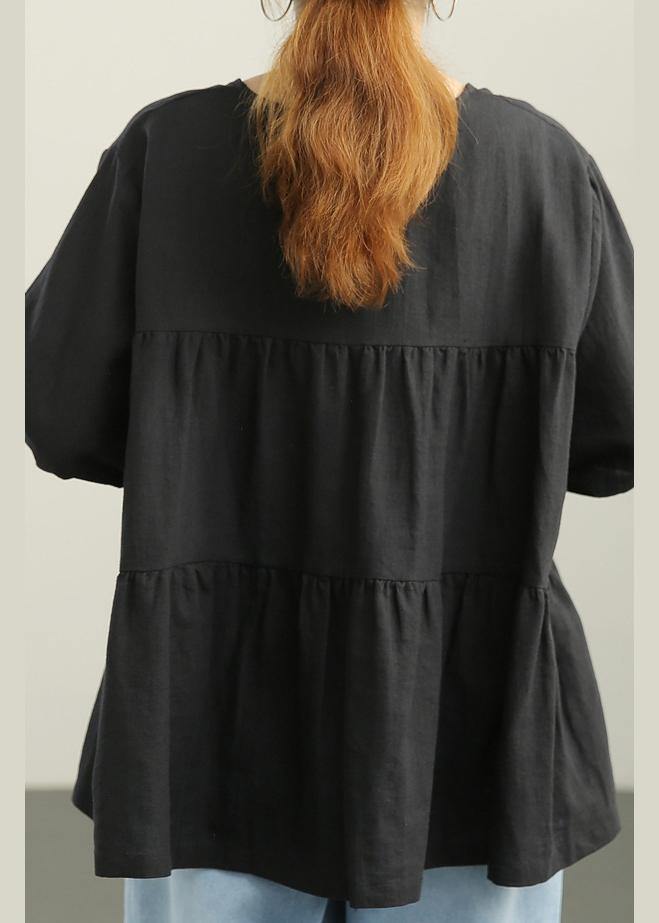 Unique Black Cinched Linen Summer Shirts - SooLinen