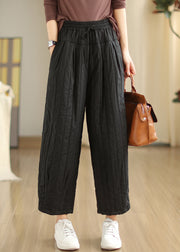 Unique Black Cinched Pockets Elastic Waist Fine Cotton Filled Pants Winter