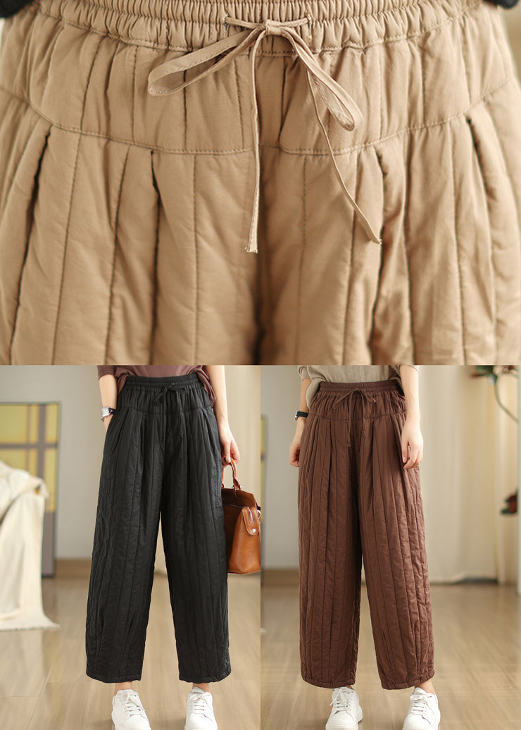 Unique Black Cinched Pockets Elastic Waist Fine Cotton Filled Pants Winter