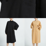 Unique Black Cotton Dresses O Neck Cotton Big Pockets Dresses - SooLinen