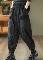 Unique Black Elastic Waist Pockets Fine Cotton Filled Pants Winter