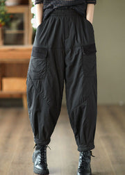 Unique Black Elastic Waist Pockets Fine Cotton Filled Pants Winter
