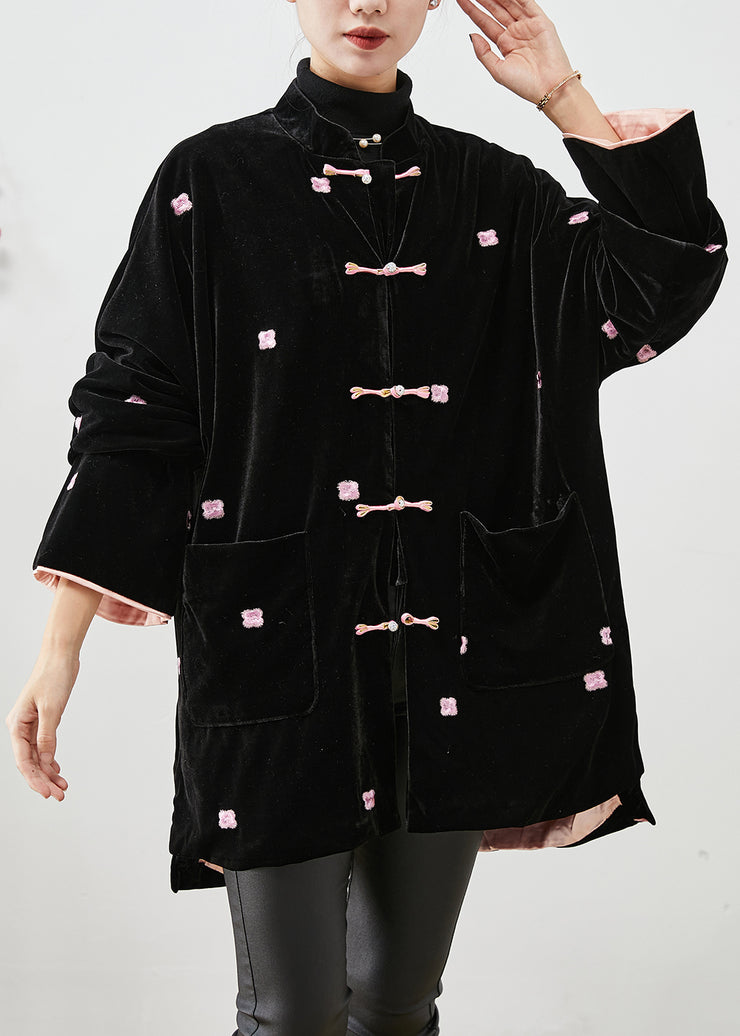 Unique Black Embroidered Chinese Button Silk Velour Coats Winter