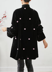 Unique Black Embroidered Chinese Button Silk Velour Coats Winter