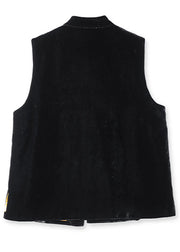 Unique Black Embroidered Patchwork Button Silk Velour Waistcoat Fall