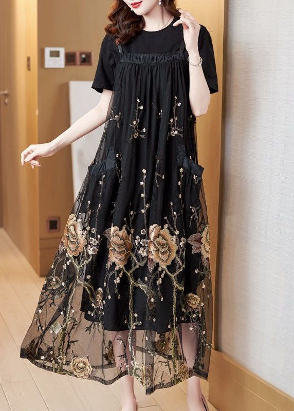 Unique Black Embroidered Patchwork Pockets Tulle Strap Dresses Summer