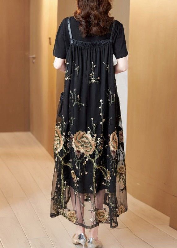 Unique Black Embroidered Patchwork Pockets Tulle Strap Dresses Summer