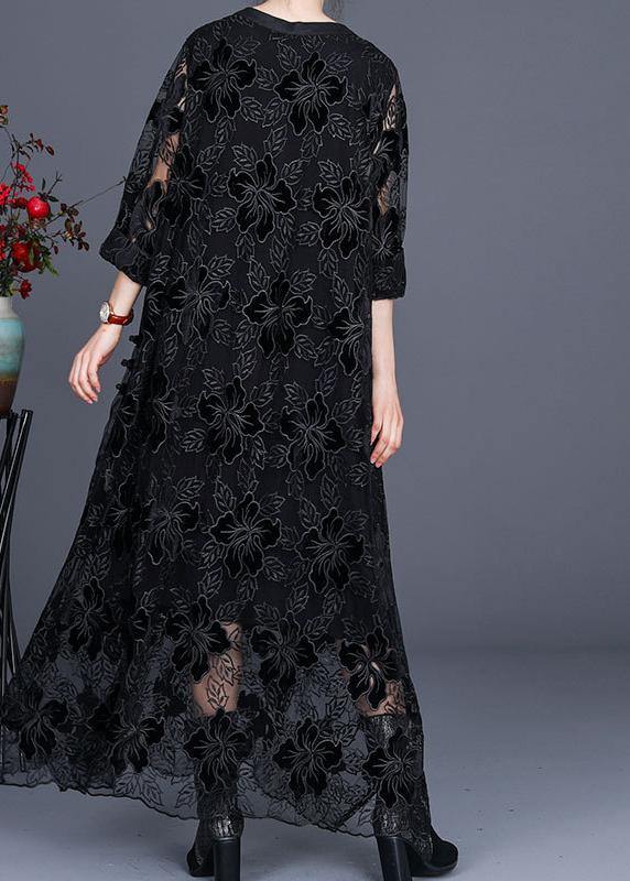 Unique Black Lace Dress Casual Plus Size Caftans Gown - SooLinen