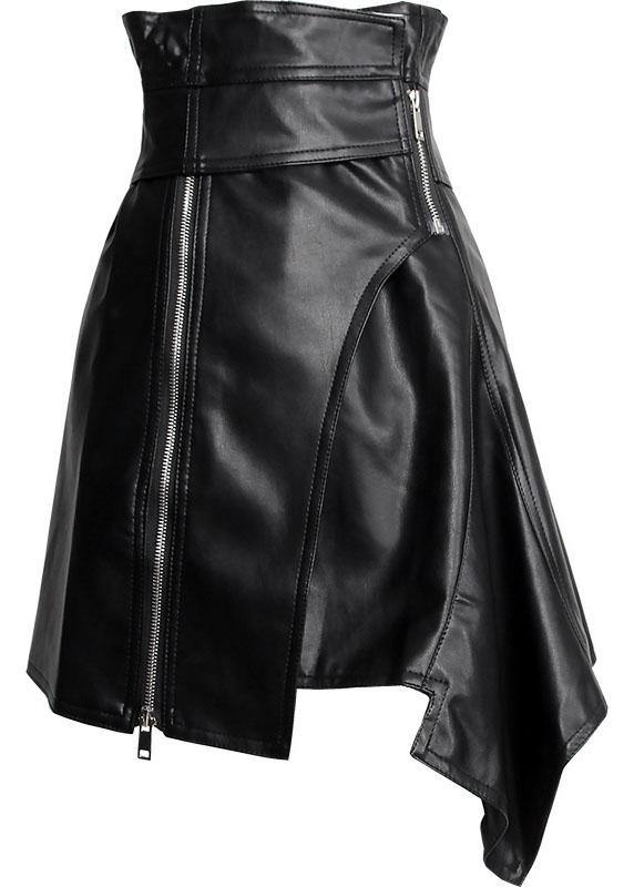 Unique Black High Waist zippered Asymmetrical PU Skirts - SooLinen
