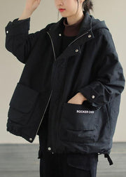 Einzigartiger schwarzer Winter-Baumwollmantel mit Kapuze und langen Ärmeln
