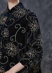 Unique Black Jacquard Chinese Button Silk Velour Coat Spring