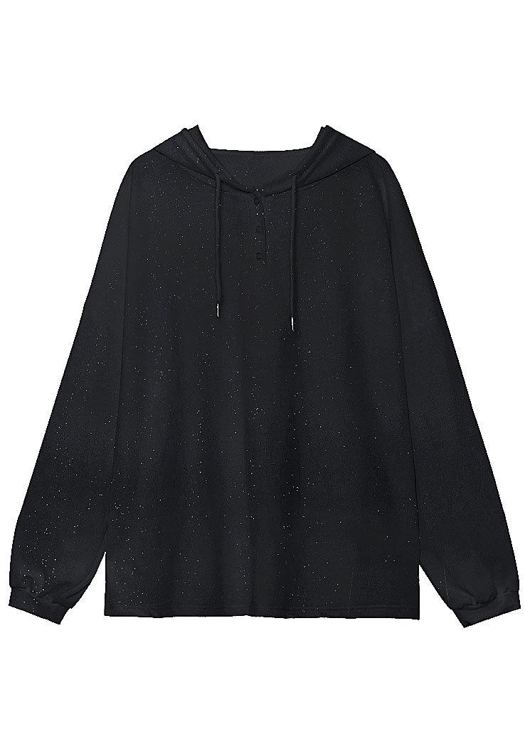 Unique Black Loose Hooded Button Sequins Fall Sweatshirt - SooLinen