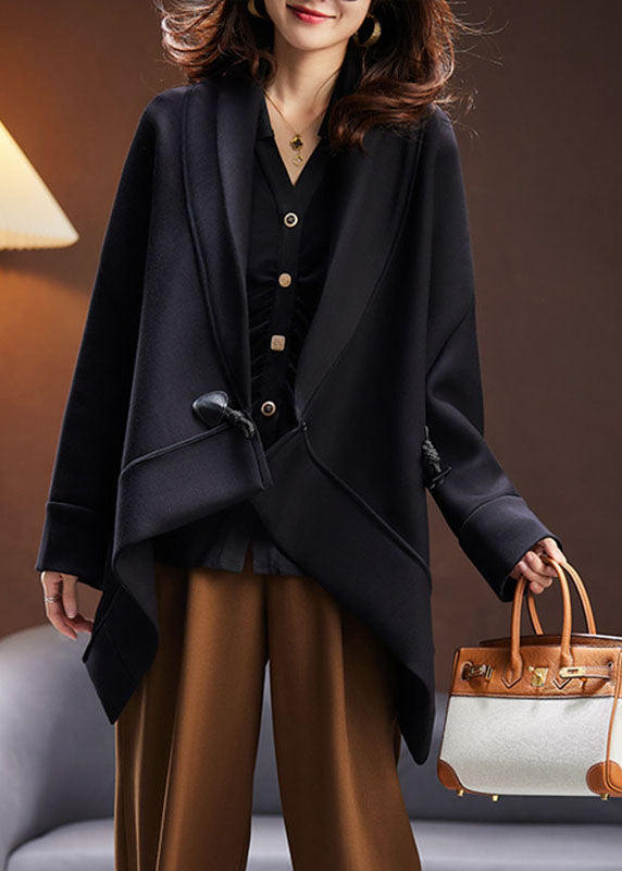 Unique Black Notched Asymmetrical Button Cotton Coats Long Sleeve