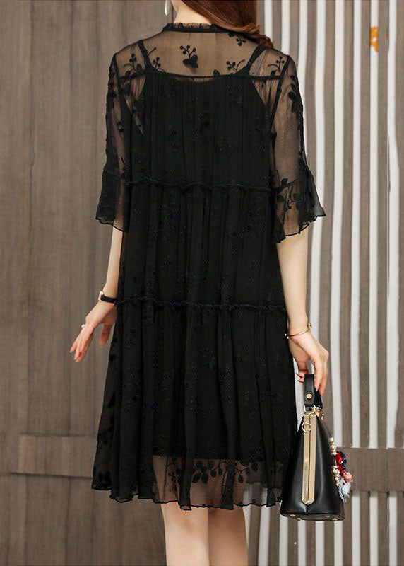 Unique Black O-Neck Embroidered Patchwork Tulle Dress Half Sleeve