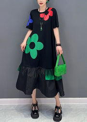 Unique Black O Neck Floral Wrinkled Patchwork Cotton Dress Summer