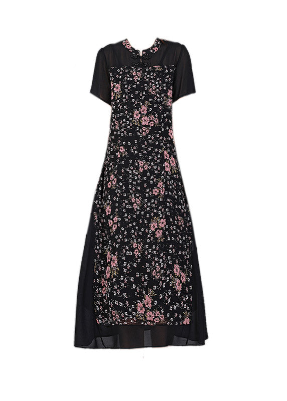 Einzigartiges langes Kleid aus schwarzem Tüll mit O-Ausschnitt und Druckknopf und kurzen Ärmeln