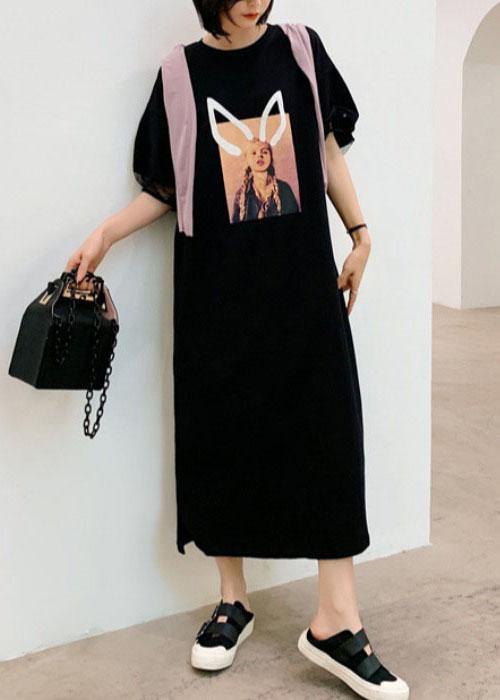 Unique Black O-Neck Puff Sleeve Summer Character Long Dress - SooLinen